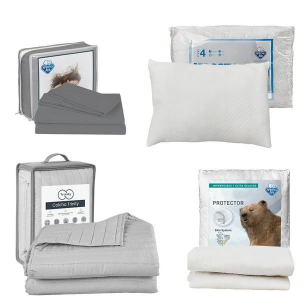 Colcha individual Acabado Ultrasónico Trinity Gris Perla + Protector de colchón + Juego de Sábanas + Almohada Frosty