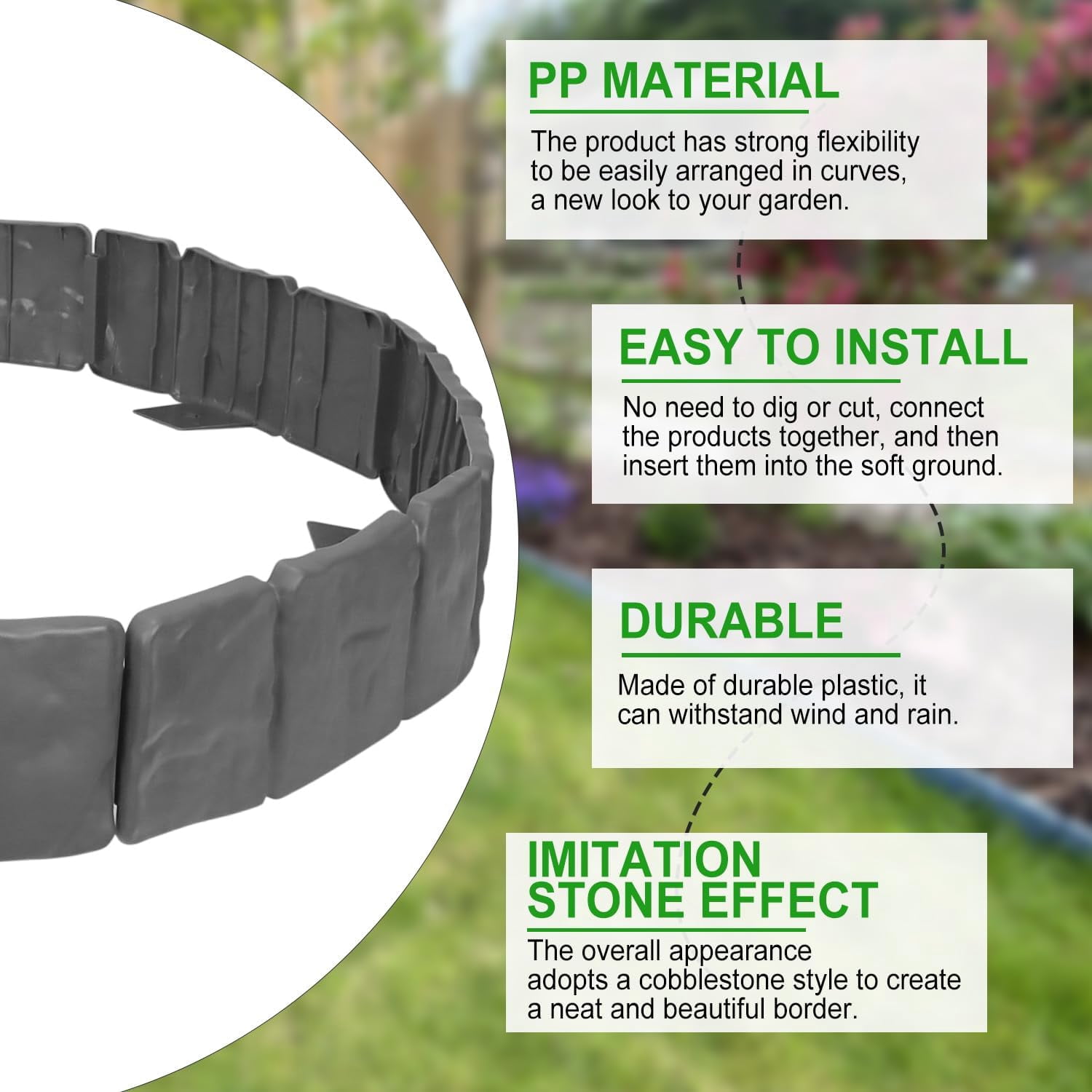 Garden Edging Border NO DIG, with Landscape Edging Anchoring Spikes, Gray Stone Effect Plastic Lawn Edging Fencing, Interlocking Yard Lawn Edging for Flower Bed | 24 Ft | 30Pcs | Gray |