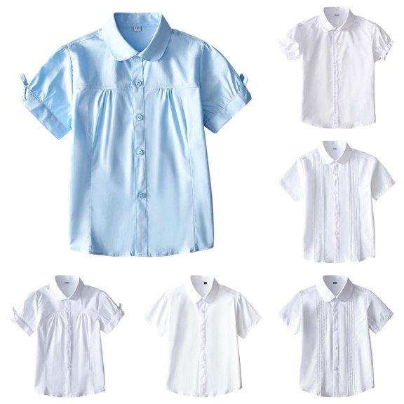 SUXIAN Girls Blouses Short Sleeve Casual Button Front School Performance Wear Toddler Big Girls Outfit Toddler Girl Blouse Sky Blue 140/60