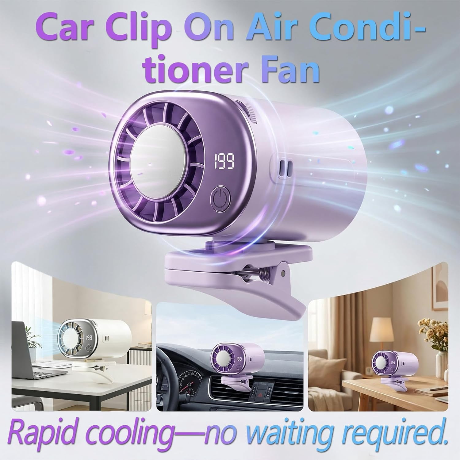 LC-dolida Silent Clip On Fan, Detachable Mini Fan with LED Display, Semi-Cooling 199 Speeds Adjustable 360° Rotation Long Battery Life for Car Desk Backseat Travel Gym Camping Stroller Use (Purple)