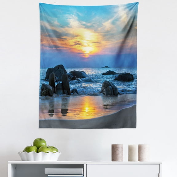 Sunset Tapestry, Sunset Scenery in Sandy Beach with Rocks and Waves Lonely Peace Morning Dream Earth, Fabric Wall Hanging Decor for Bedroom Living Room Dorm, 5 Sizes, Blue Yellow, by Ambesonne