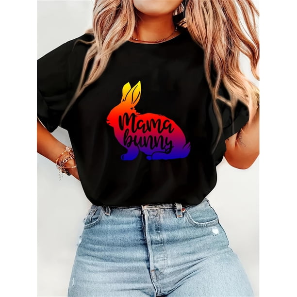 Mama Bunny" Colorful Rabbit Graphic T-Shirt for Women - Breathable, Casual Short Sleeve, Perfect for Mother's Day & Easter, All-Season Comfort Tee For Adult, Men, Women, Teen, Teenager, Adolescent, Y