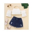 thumbnail image 2 of Little Girls Two-Piece Outfits, Solid Color Short Sleeve Spaghetti Strap Ribbed Crop Tops + Elastic Waist Ripped Denim Shorts, 2 of 9