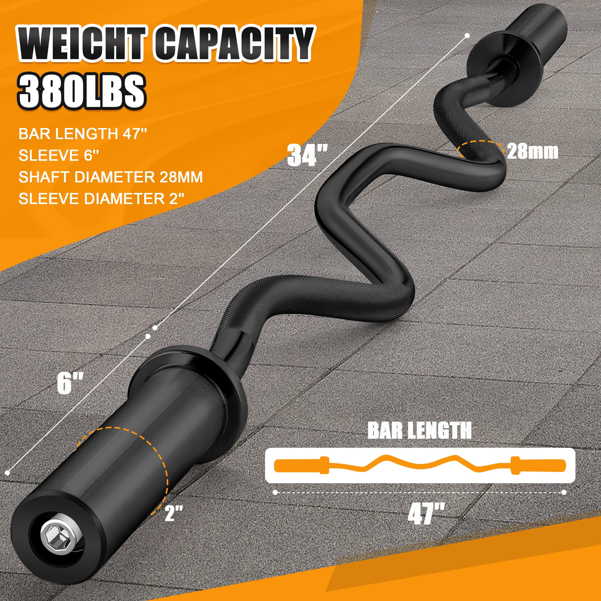 FIXTECH 47" Olympic EZ Curl Barbell Bar for Strength Training, Alloy Steel, Center knurl, Suitable for 2 inch Weight Plates, Black