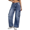 thumbnail image 4 of Pantalones de mezclilla anchos de mujer Inspire Chic, de tiro alto, estilo cargo, casuales, con bolsillos, talla XL, color azul, 4 of 5