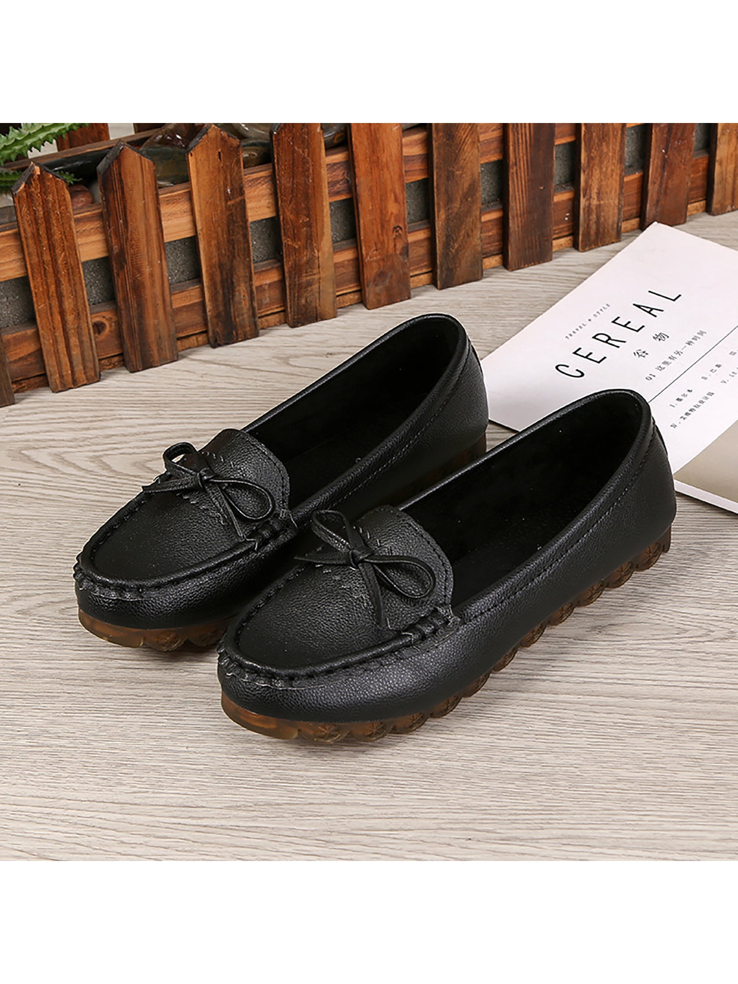 Womens Bow Penny Single Shoes Comfy Low Heel Shallow Pointed Toe PU Leather Loafers Casual Retro Slip On Office Work Shoes 