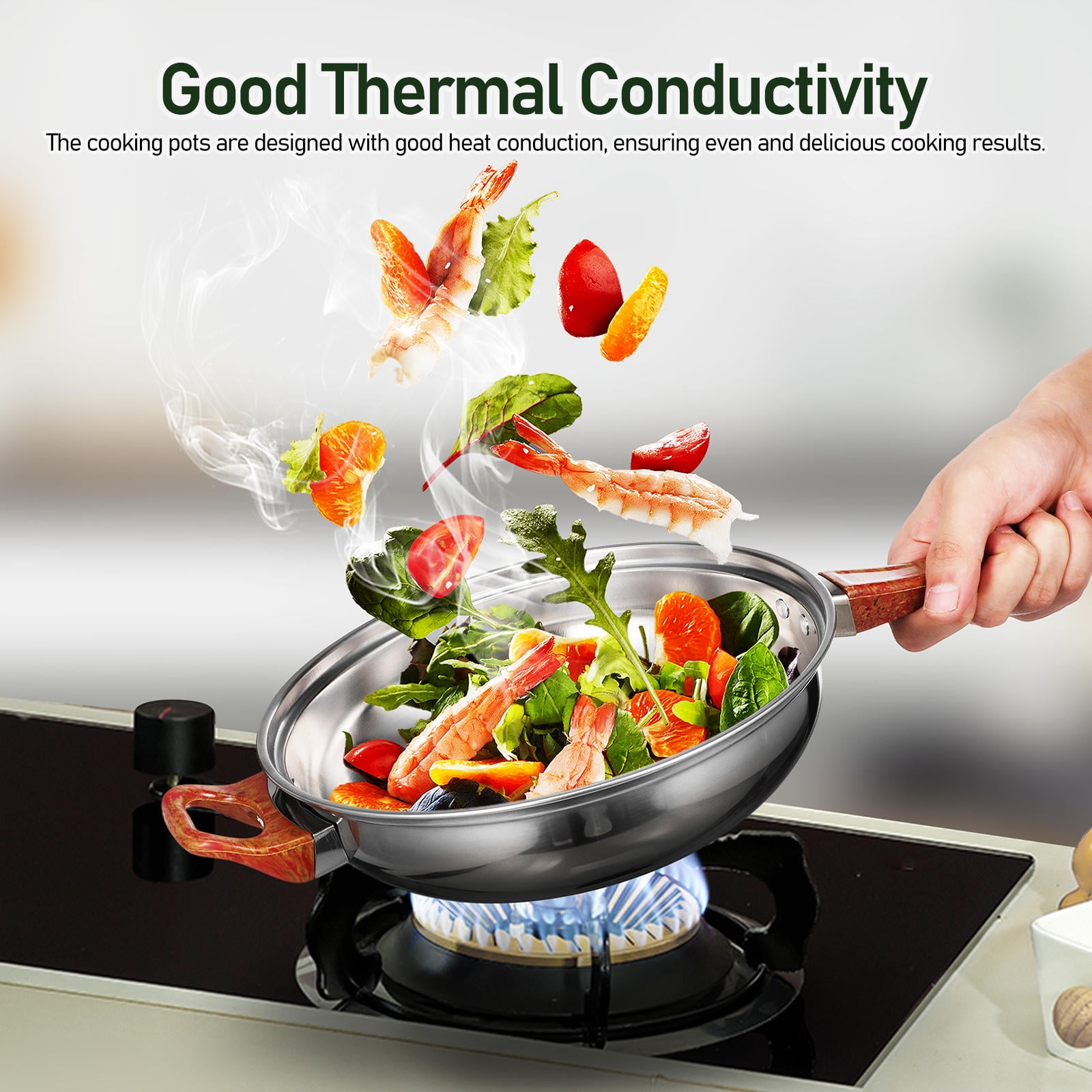 ETHZZLE Nonstick Stainless Steel Cookware Set with Wood Grain Handles, Pots and Pans for Everyday Versatile Cooking