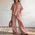 thumbnail image 3 of Women's 2 Piece Cotton Linen Set, V-Neck Short Sleeve Button Top & Drawstring Wide Leg Pants, Casual Summer Loungewear Outfit with Pockets, Loose Fit,Pink,XL, 3 of 5