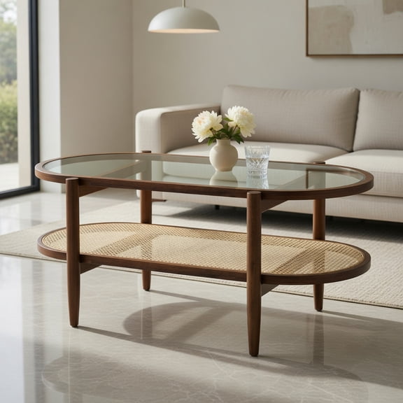 Spaco 2-Tier Coffee Table with Tempered Glass Tabletop, Table with Acacia Wood Frame for Outdoor as Garden, Patio, Yard, Brown