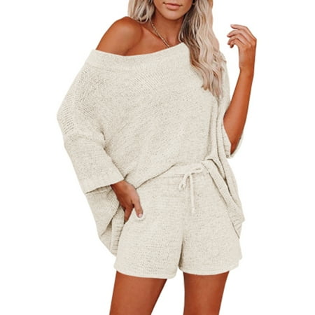 

Yobecho Women s 2-piece Off Shoulder Knit Top Casual Pajama Set