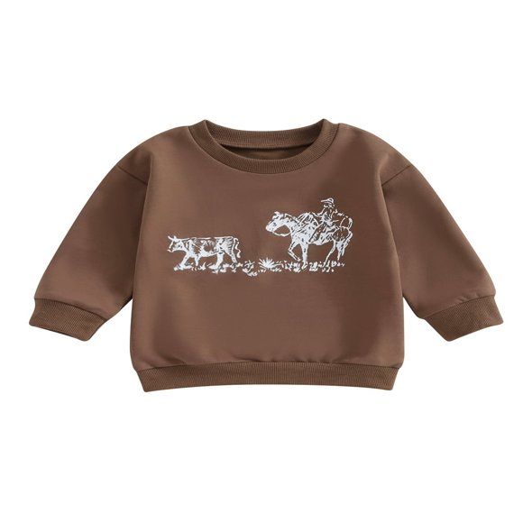Toddler Boy‘s Long Sleeve Western Sweatshirt with Cattle Print for Fall