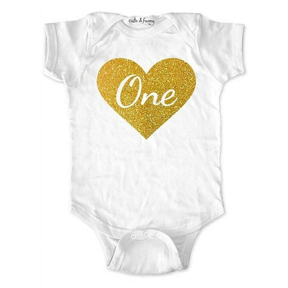 First Birthday Girl Bodysuit Outfit with Age One in Heart - Script Font with Gold Glitter - Design2 - cute & funny baby one piece bodysuit