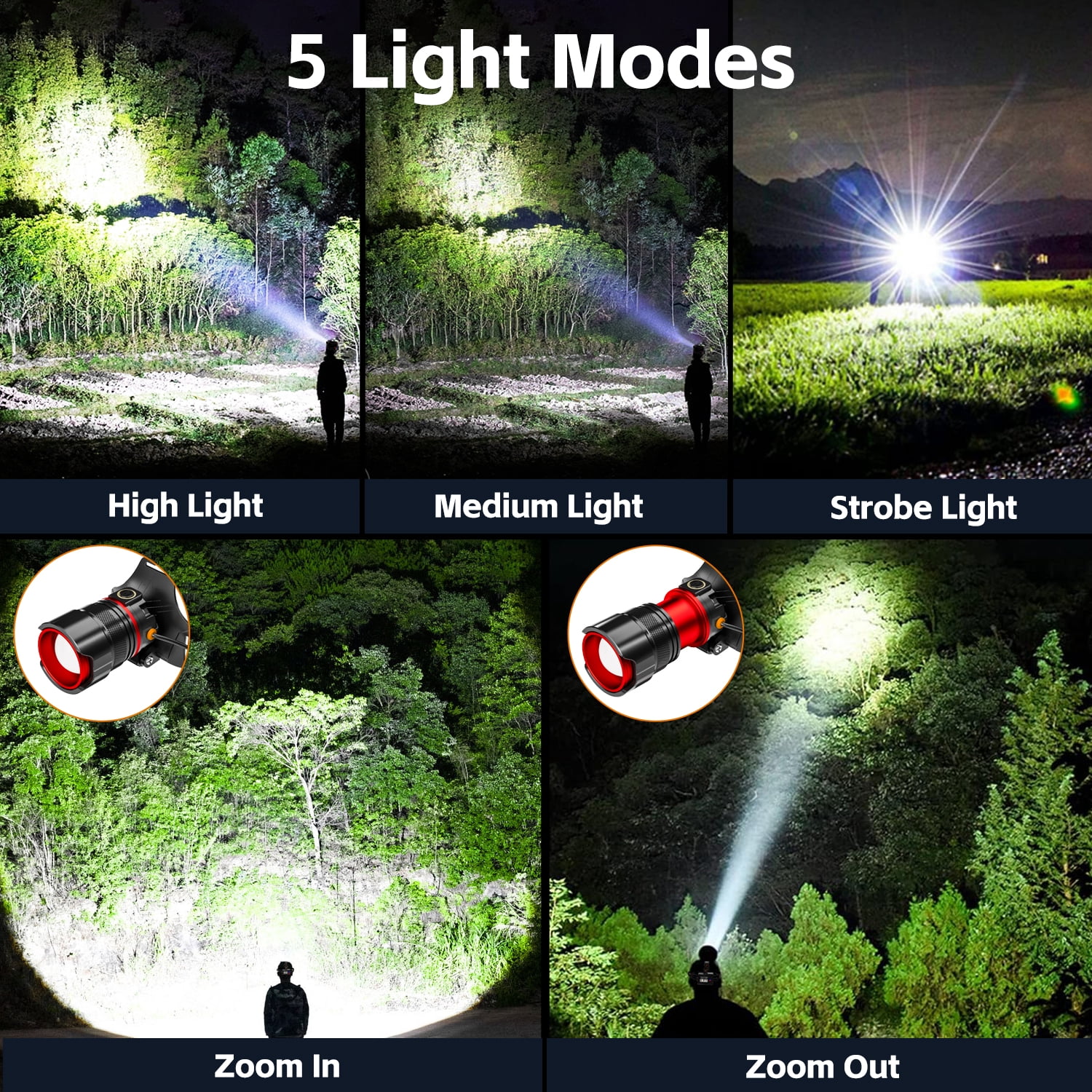 Rechargeable Headlamp 990000High Lumens, Super Bright LED Head Lamp with Motion Sensor, 12 Modes, IPX7 Waterproof, 125° Adjustable, Zoomable Headlight for Adults, Camping, Cycling, Running
