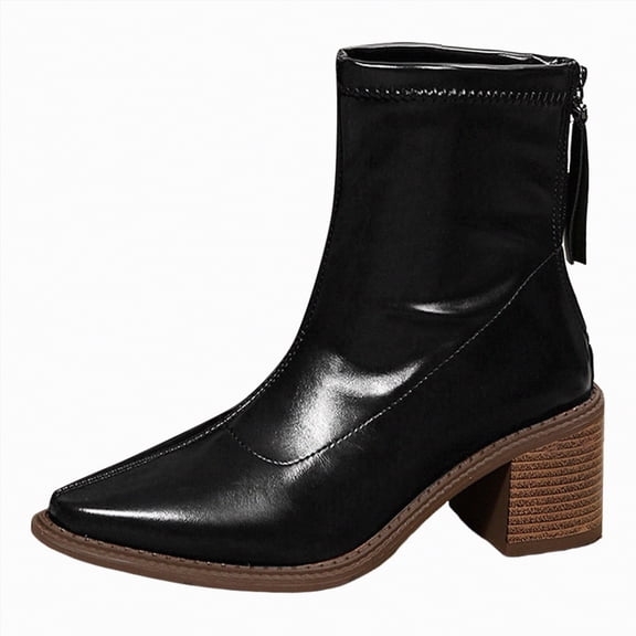 UngA Woman's Boots Fold Over Slouchy Boots Chunky Heels Square Toe Pull On Booties Stacked Pleated Boots for Women Mid Calf Black,Size 6.5