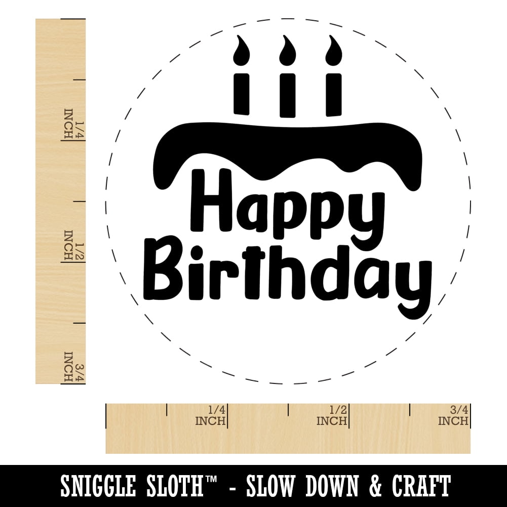 Happy Birthday with Cake Self-Inking Rubber Stamp Ink Stamper - Brown Ink - Small 3/4 Inch