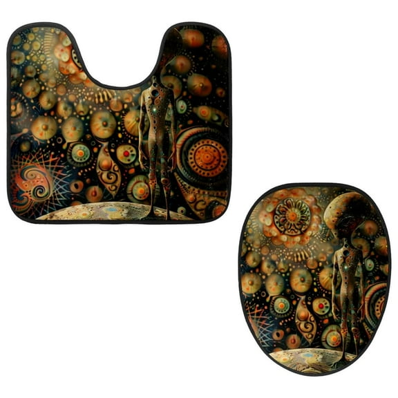 PhooArto Toilet Lid Cover and U-Shaped Toilet Floor Mat Set of 2 Pieces, Alien and Colors Floral Toilet Mat Set, Machine Washable Seat Covers Non-Slip Absorbent Rugs
