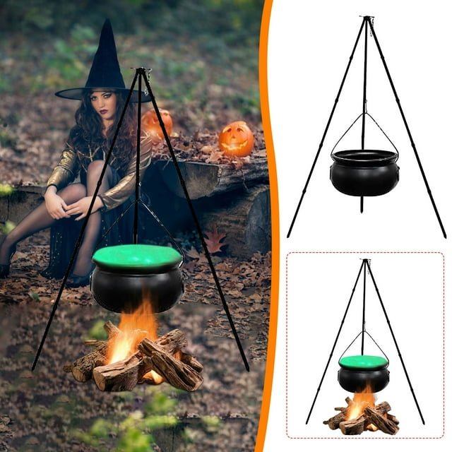 Xihbxyly Caldero de Halloween, Olla de Bruja con Trípode de Metal, Luces Verdes con Temporizador Incluidas, Decoración para Jardín Exterior, Ambiente Inquietante, Tamaño Grande, Materiales de Plástic