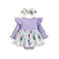 thumbnail image 2 of Blotona Infant Baby Girls Romper Dress Floral Print Knitted Ribbed Patchwork Round Neck Long Fly Sleeve Skirt Hem Jumpsuits with Headband, 2 of 8