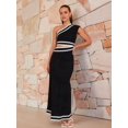 thumbnail image 6 of Womens Sleeveless Oblique Shoulder Lace Cording Slim Casual Long Dress Vacation Dress Black & White Edges S, 6 of 8