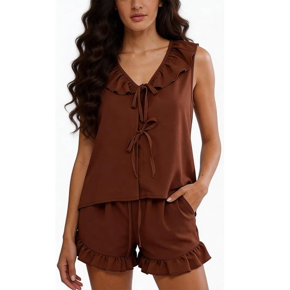 Rutainlusire Women's Trendy Comfy V-Neck Ruffled Short Sleeve Sleepwear Set Pajama Set Fashion Women Short Sleeve And Short Pants Casual 2PC Sets With Pockets