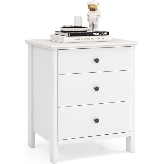 LEHOME Nightstand with 3 Drawers, Wooden Side End Table with Solid Wood Legs, Retro 3-Drawer Bedside Table Night Stand for Bedroom Home Office Small Space, Easy Assembly, White