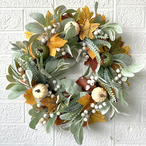 Fall Wreath for Front Door with Pumpkins Berry Artificial Maples Leaves Wreath Autumns Harvest Fall Thanksgivings Halloween Decoration Indoor Outdoor
