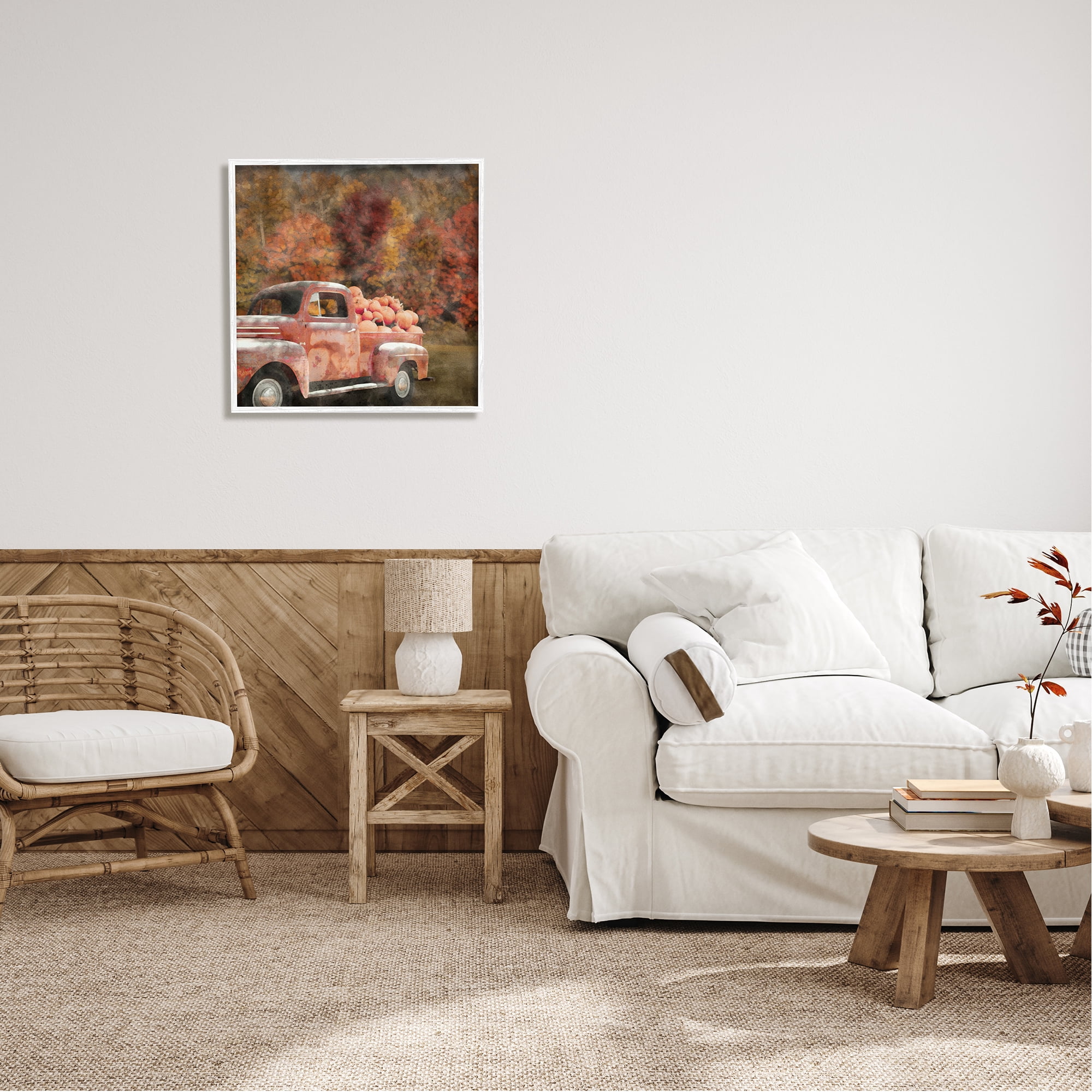 Stupell Industries Fall Truck with Pumpkins Holiday Painting White Framed Art Print Wall Art, 24 x 24