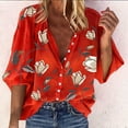 thumbnail image 3 of Women's Button Down Shirts Fashion Floral Printed Nine-minute Sleeve Blouses Stand Collar Loose Long Sleeve Shirt Casual Beach Vacations Top Red L, 3 of 6