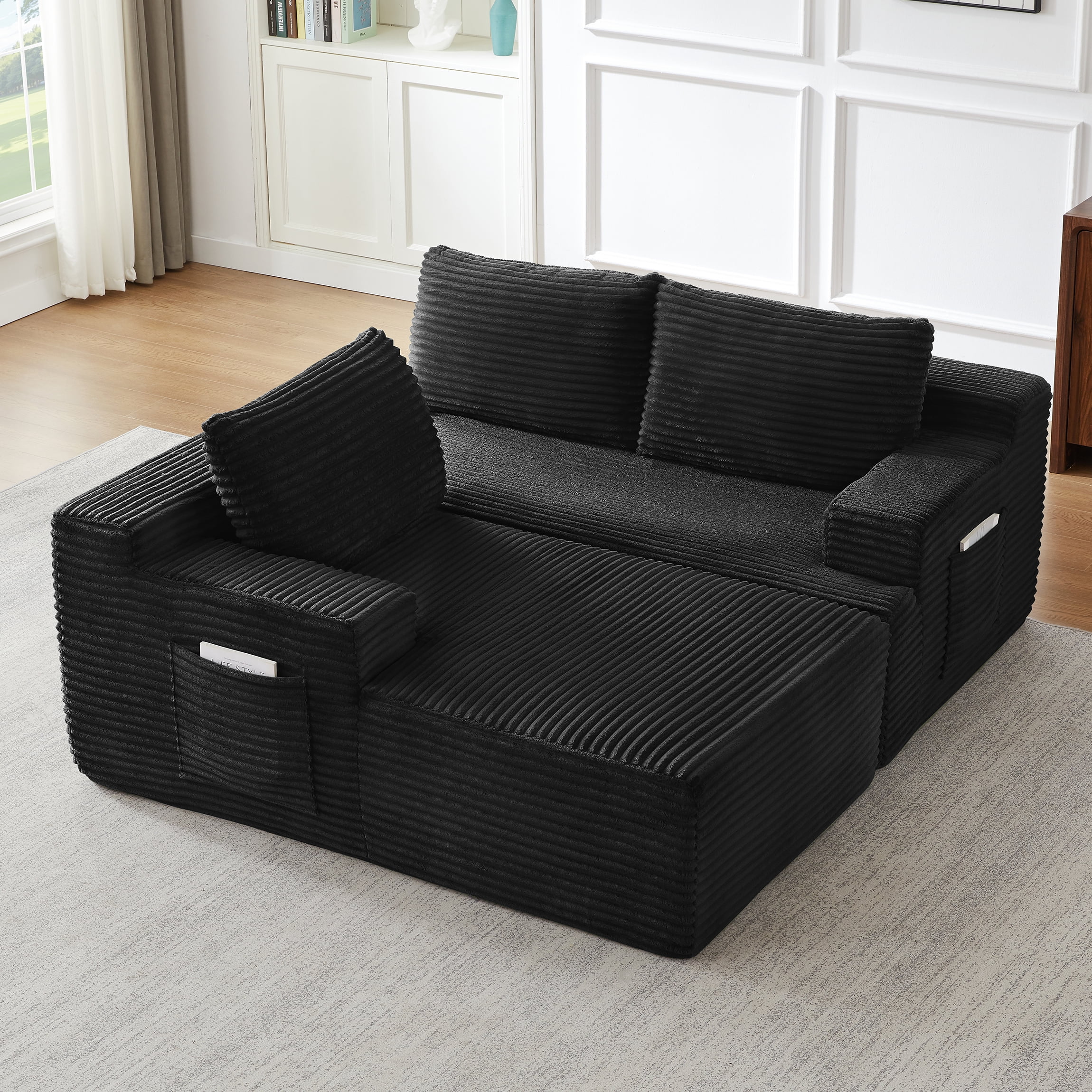 Vanress 96 Inch Modular Sectional Couches for Living Room, Modern Boneless Sofa, Upholstered Deep Seat Cloud Couch, Corduroy Comfy L-Shape Sofas Couches, No Assembly, Black (Left Facing Chaise)