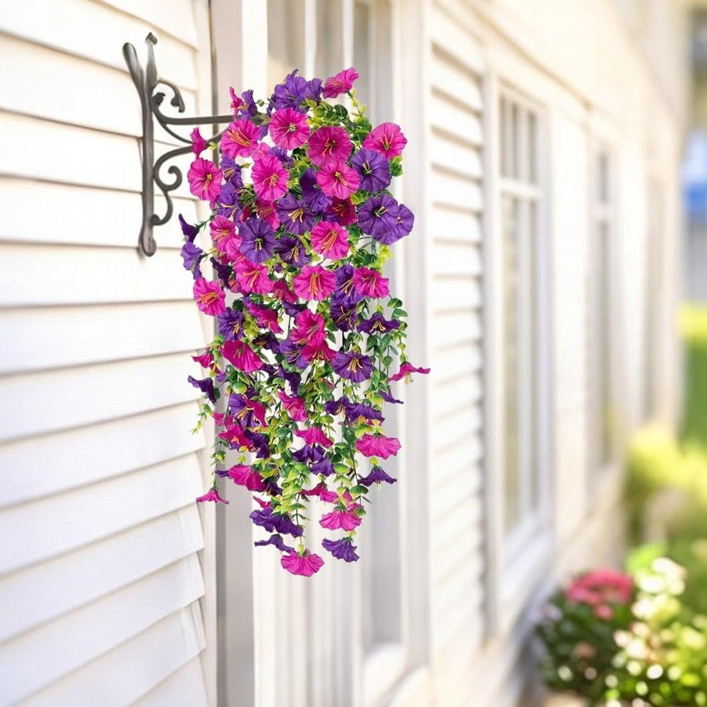 Artificial Hanging Flowers for Outdoors, 2 Pcs Faux Silk Morning Glory with Eucalyptus Leaves, UV Resistant Hanging Vine for Spring Garden Porches Decor