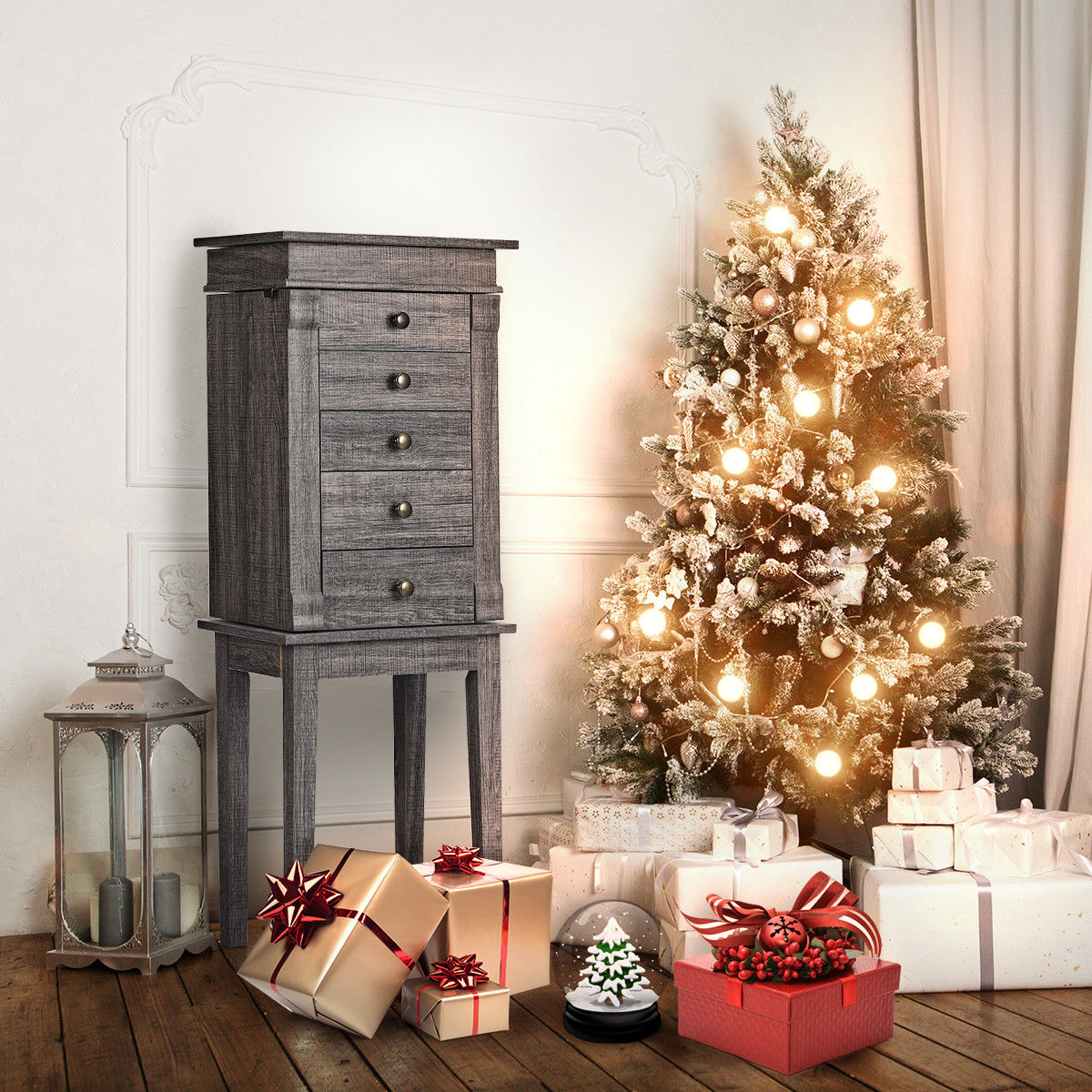 Gymax Standing Jewelry Mirror Cabinet Storage Organizer Wood Legs & 5 Drawers Christmas Gift
