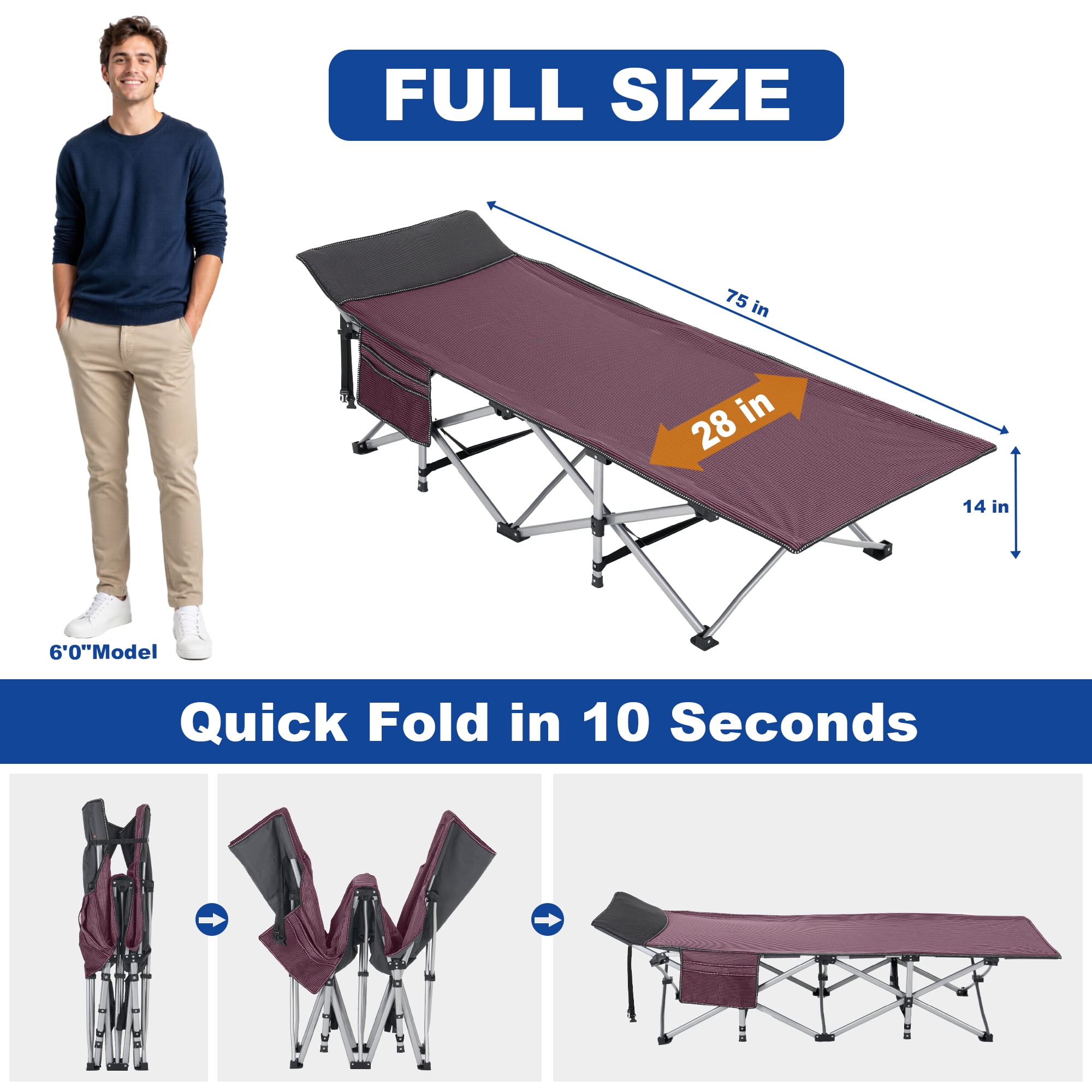Sprint Demon Folding Camping Cot with Mattress for Adults, 880 lb Heavy Duty Portable Guest Bed for Camping, Home & Travel