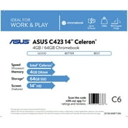 ASUS C423 Chromebook, 14 Intel Celeron N3350, 4GB RAM, 64GB eMMC, Chrome OS, Silver Metal, C423NA-WB04