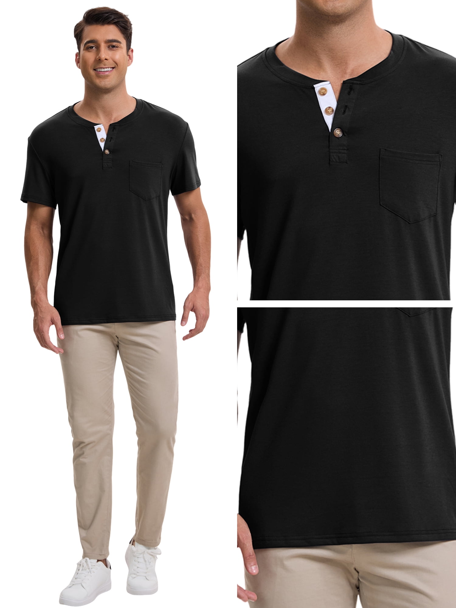 DARING DIVA Men's Casual Summer Short Sleeves Button Henley Basic Tee 2XL Black
