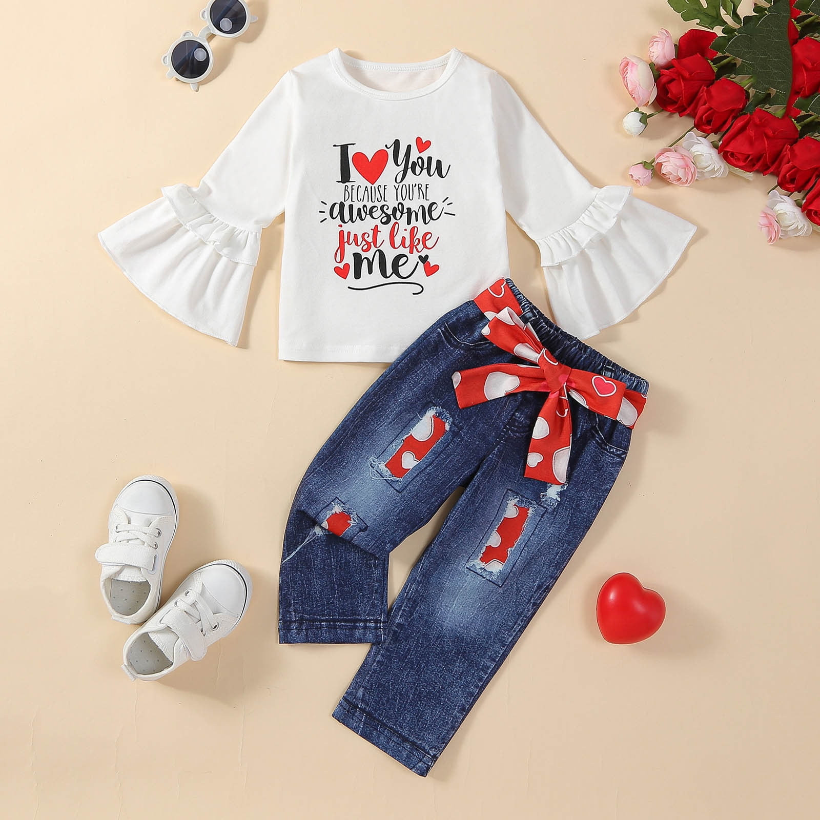 Gelikeya Baby Girl First Valentines Day Outfit Flare Sleeve Tops Pants Belt 3 Piece Cute Hearts Birthday Spring Fall Clothes, X01 White & 12-18 Months