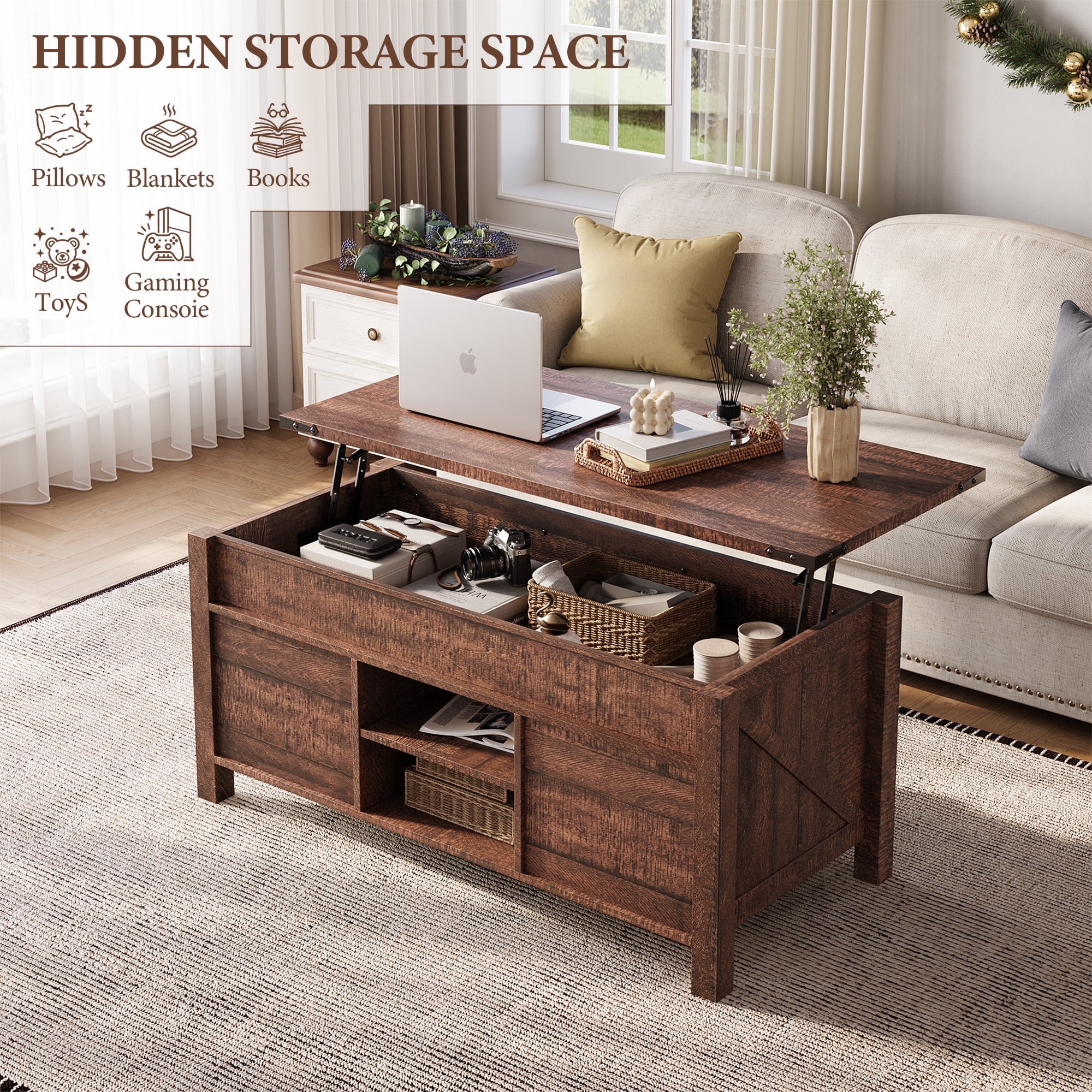 OKD 48" Farmhouse Lift Top Coffee Table with Sliding Barn Door, Rustic Center Table with Hidden Storage Compartment for Living Room, Office, Reclaimed Barnwood