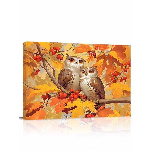 Fall Canvas Print Wall Art Framed Canvas Art Wall Decor Yellow Maple Leaves Owls Branch Fruits Pictures Painting Morden Artwork for Living Room Bedroom, Ready to Hang - 12"x16"