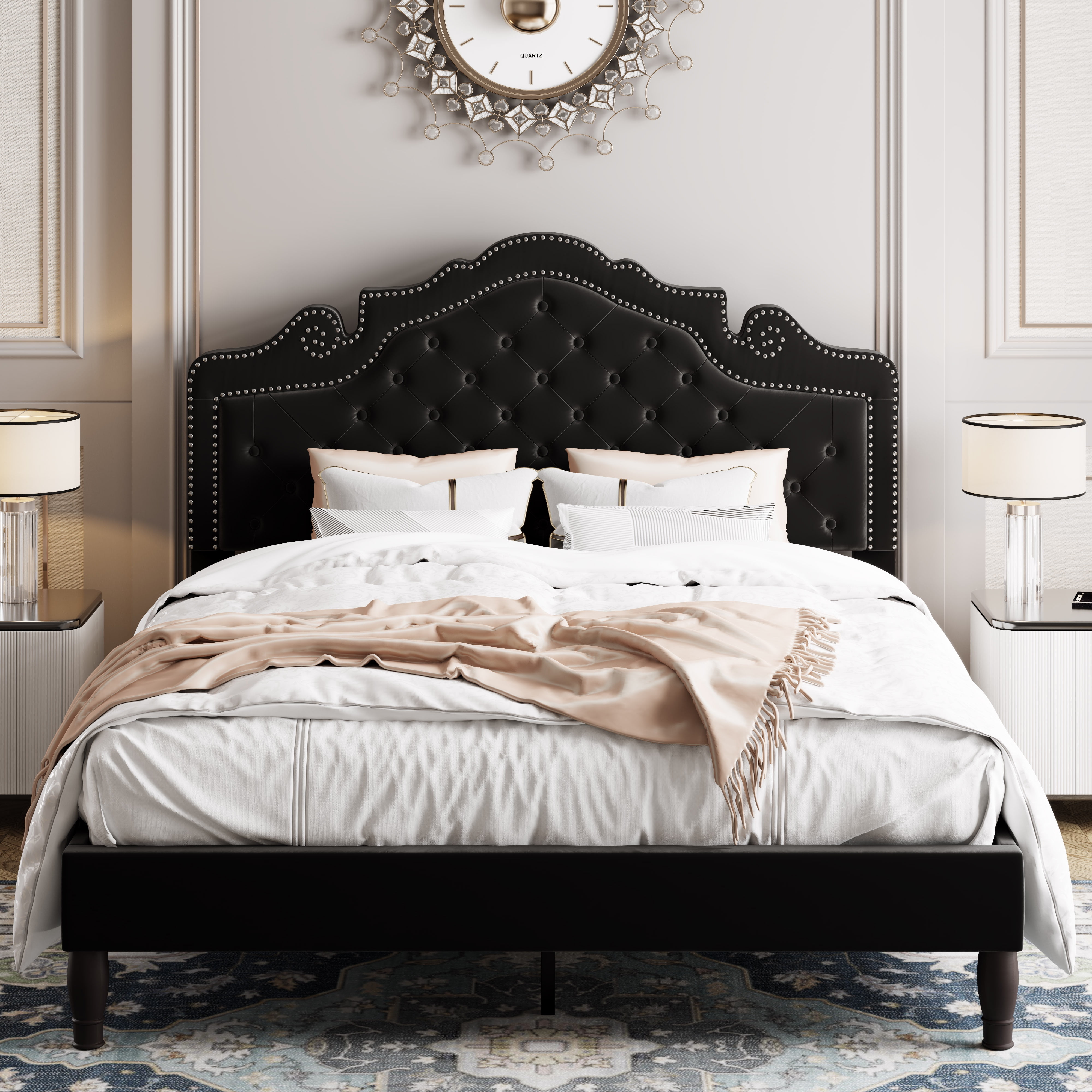 Allewie Queen Size Platform Bed Frame with Velvet Tiara Upholstered Diamond Button Tufted Headboard, Black