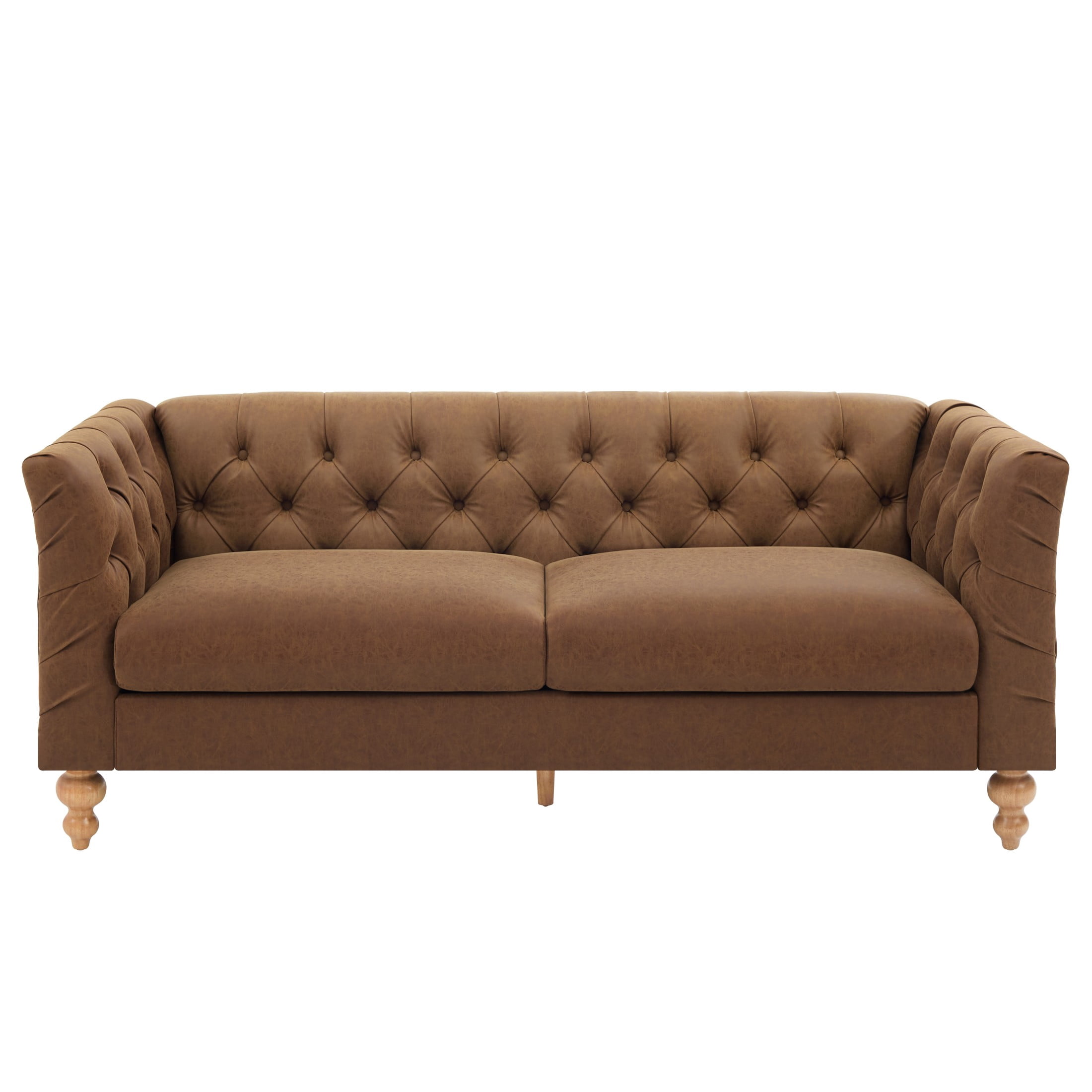 Christopher Knight Home 73.5" Chesterfield Sofa, Tufted PU Leather Couch with Flared Arms, Brown