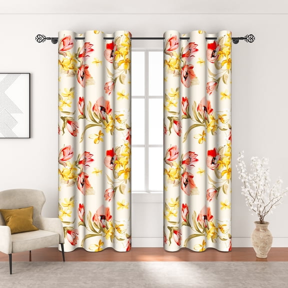 MIZHONA Beige Blackout Curtains for Living Room Orange and Green Floral Window Curtain Set of 2,42"x84"