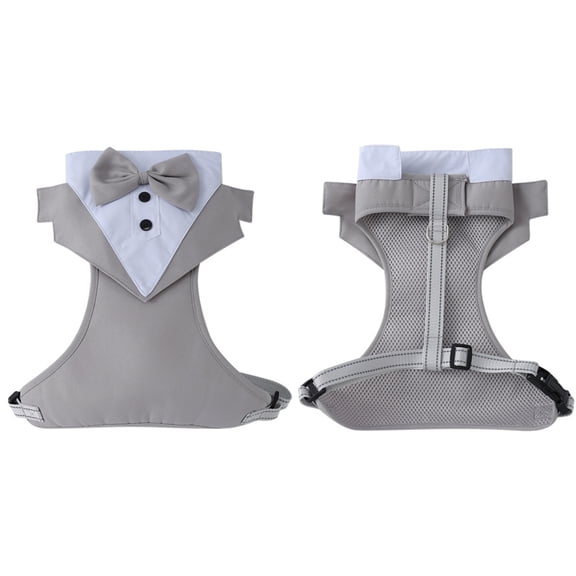 Gray Dog Vest Harness, Dog Tuxedo, Dog Bow Tie Outfit, Breathable Mesh Lining, Features Adjustable Straps, Reflective Stitching, Escape Proof Design Suitable for Small, Medium and