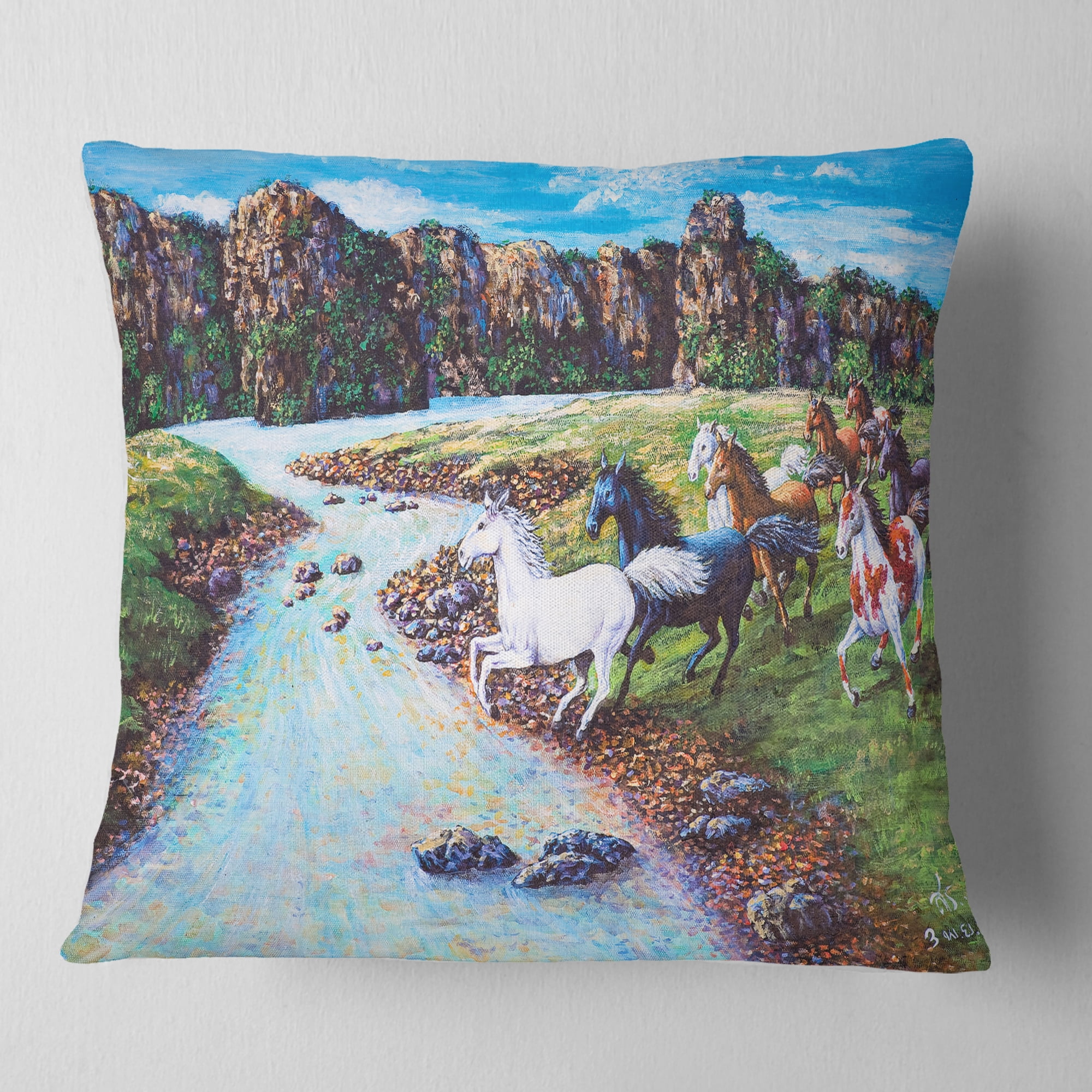 Designart Horses Crossing the Stream - Landscape Painting Throw Pillow - 16x16