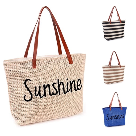 LQCrafK Women Straw Beach Bag , Waterproof Sandproof Handmade Woven Stripe Tote Bags Stitchwork with Zipper