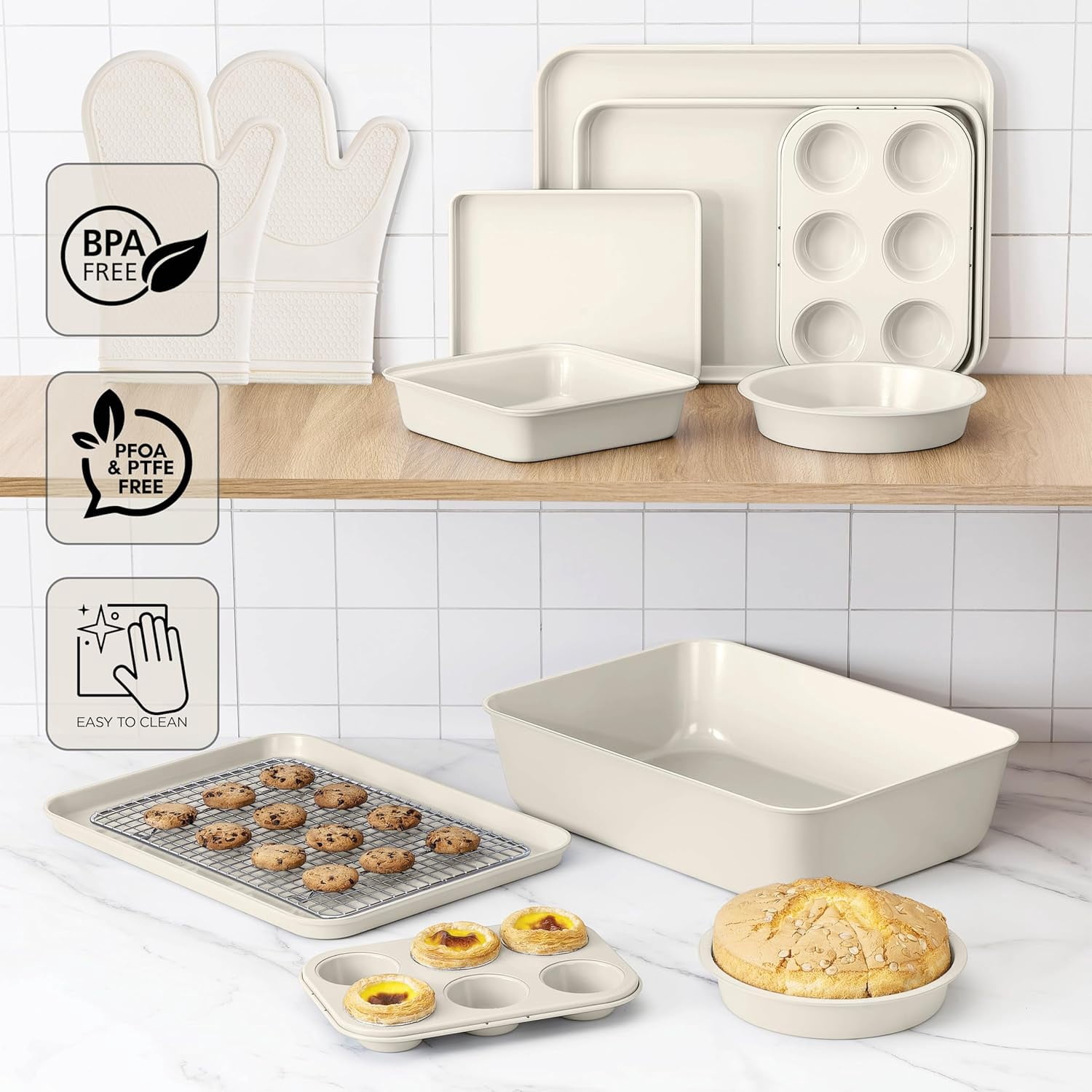 Country Kitchen Nonstick Cookware and Bakeware Set with Stackable Design, Cream, 13-Piece