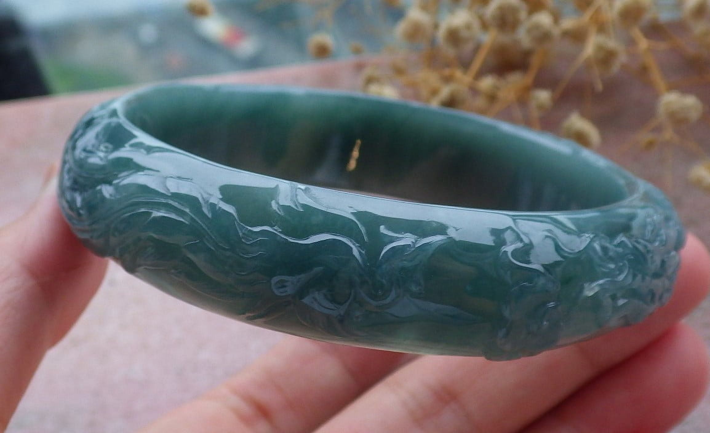 Icy Green Natural A JADE Jadeite Dragon Phoenix Bangle Bracelet 65 mm 679500 TN