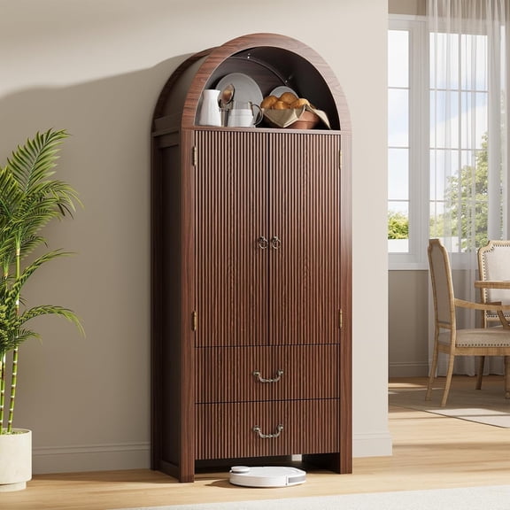 SELOOYE Pantry Cabinet Modern 71 Inch Tall Fluted Arched Adjustable Shelves 2 Drawers Freestanding Dark Walnut