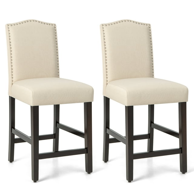 Costway Set of 2 Upholstered Bar stools 25" Counter Height Chairs with Rubber Wood Legs Beige