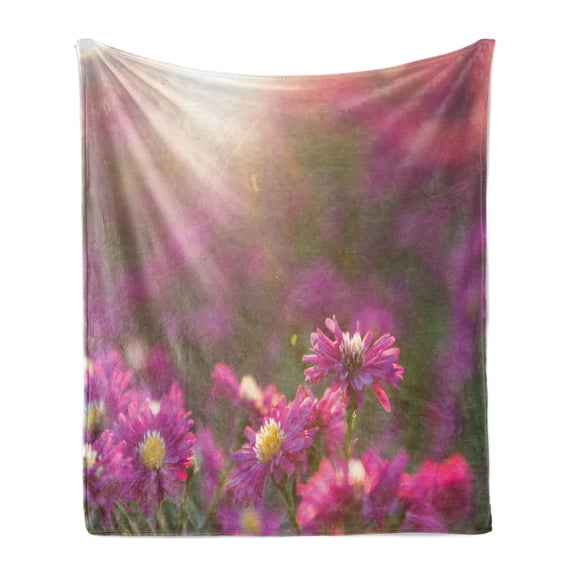 Floral Soft Flannel Fleece Throw Blanket, Close Shot of Flowers Scene with the Sunburst, Cozy Plush for Indoor and Outdoor Use, 70" x 90", Fuchsia Multicolor, by Ambesonne