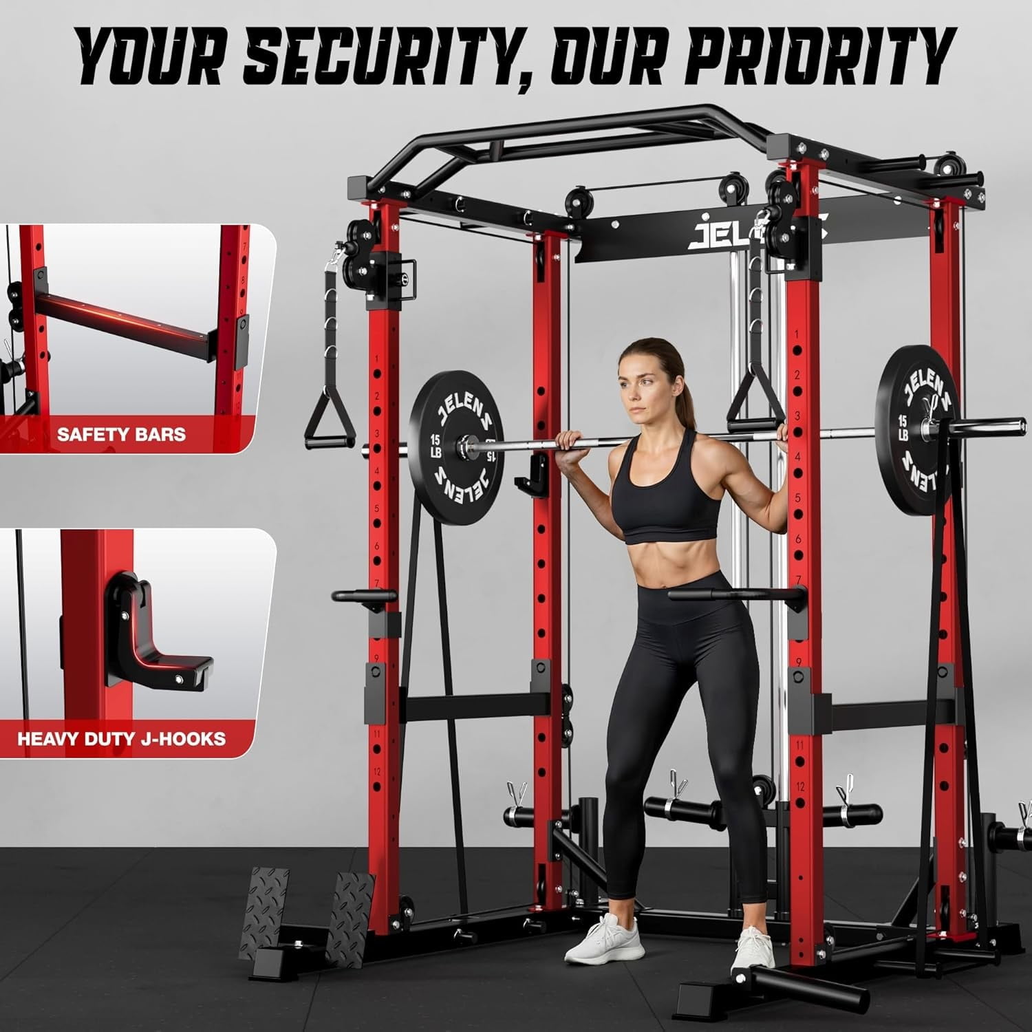 Squat Rack for Home Gym, 2000LBS Power Rack with Adjustable Pulley System, Power Cage Workout Equipment with LAT Pulldown and Training Attachment