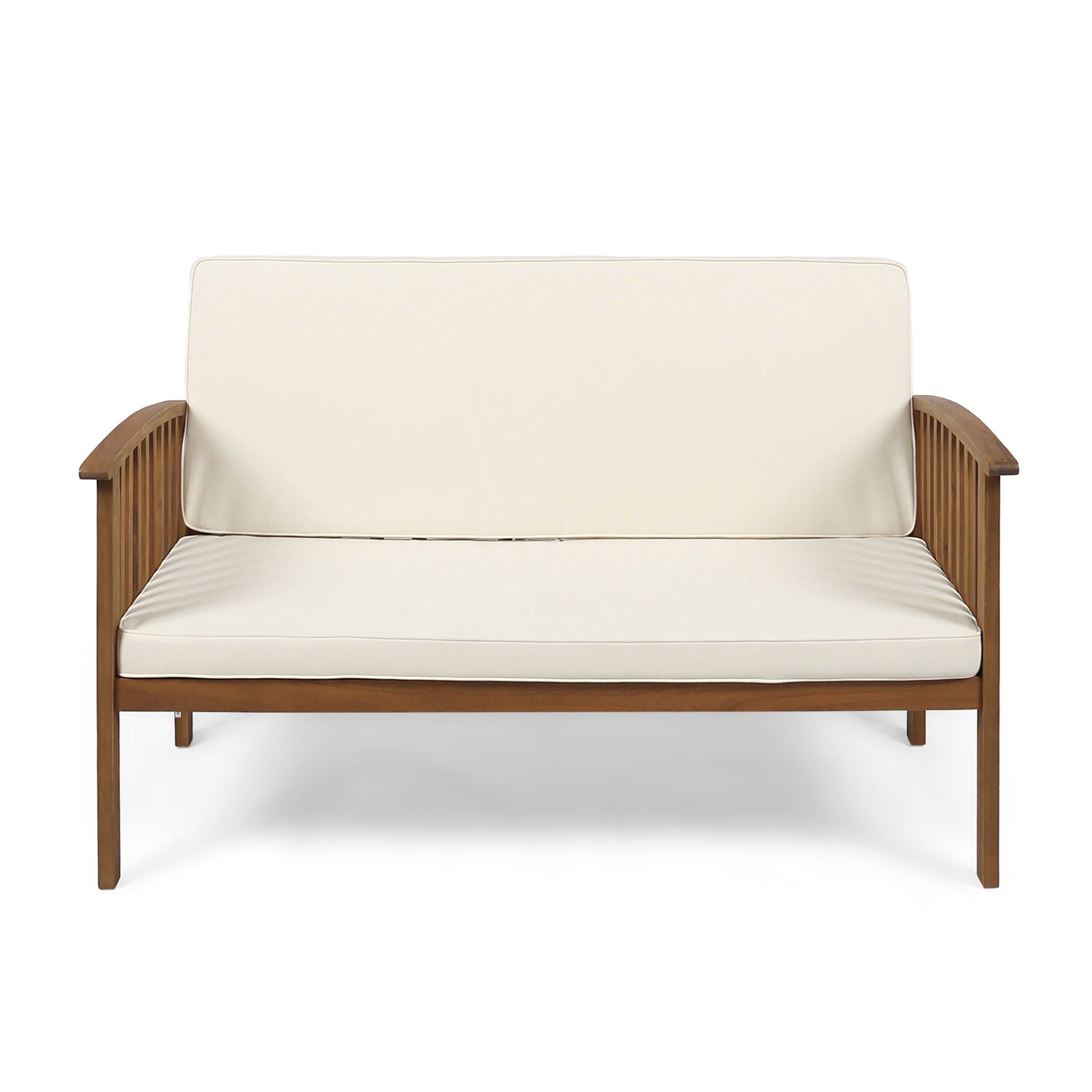 Outdoor Double Seat Loveseat Sofa, Solid Acacia Wood Frame Leisure Couch for Patio Garden, Teak and Beige